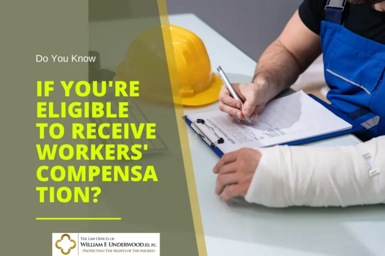 Injured worker with arm cast filling out form next to yellow hard hat and text about workers' compensation eligibility.