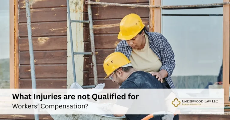 Two construction workers wearing yellow hard hats, one comforting the other, with text about workers' compensation.