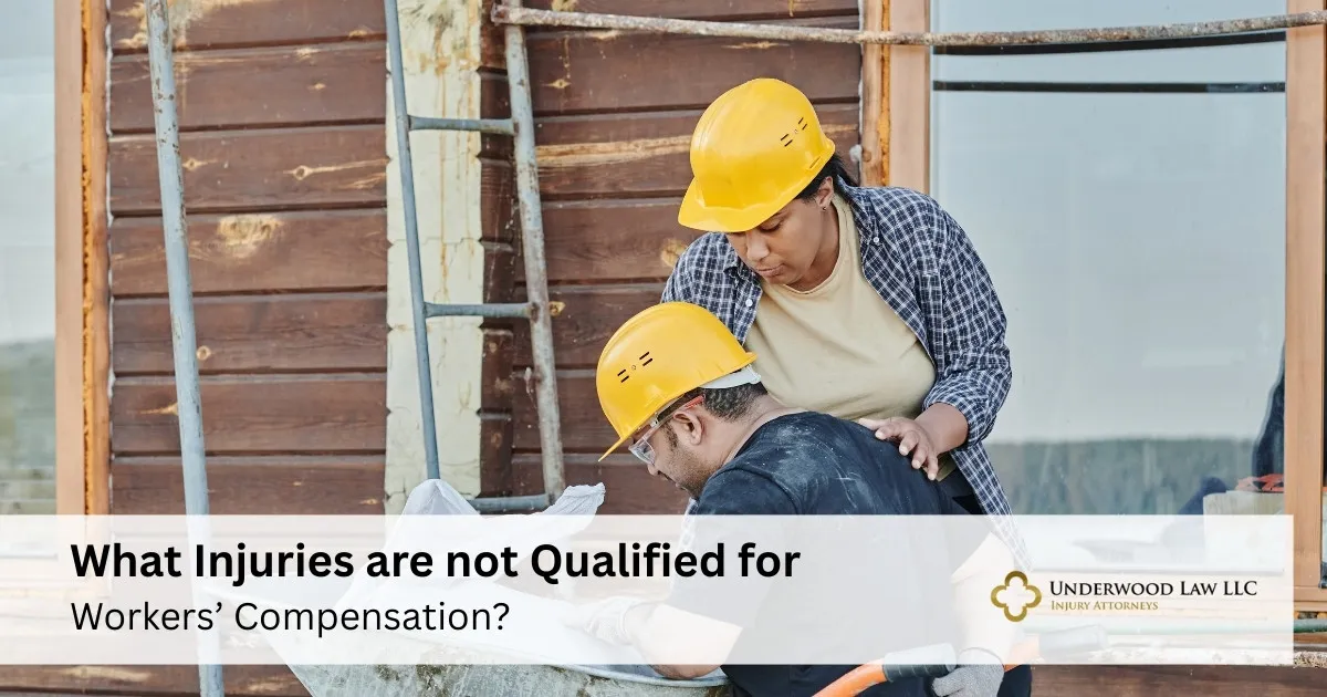 Two construction workers wearing yellow hard hats, one comforting the other, with text about workers' compensation.