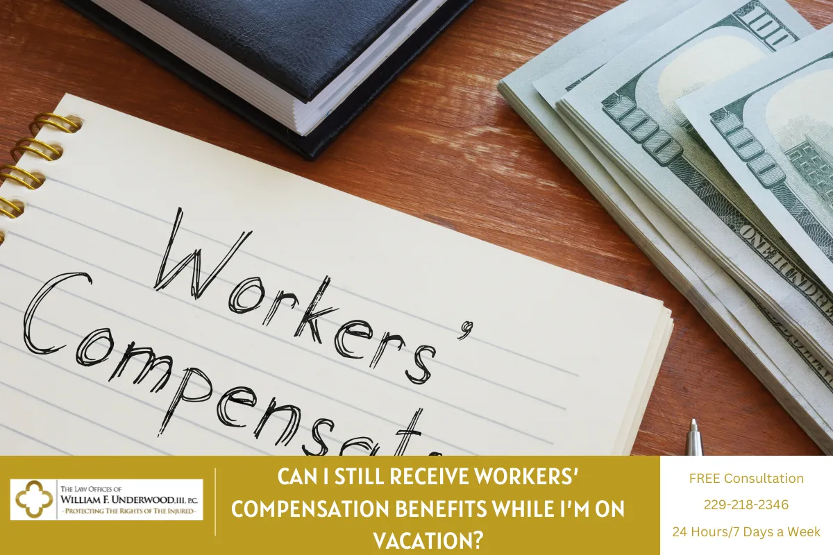 Notepad with "Workers' Compensation" text, stack of hundred-dollar bills, black book, and legal consultation advertisement.