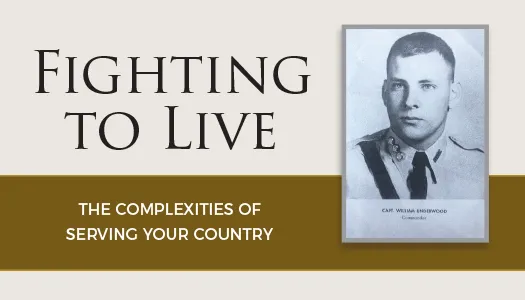 Black and white portrait of a military officer with text "Fighting to Live" and "The Complexities of Serving Your Country.