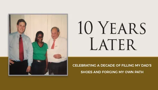 Three people smiling, two men in dress shirts and ties, one woman in a green top, with text "10 Years Later" and a celebratory message.