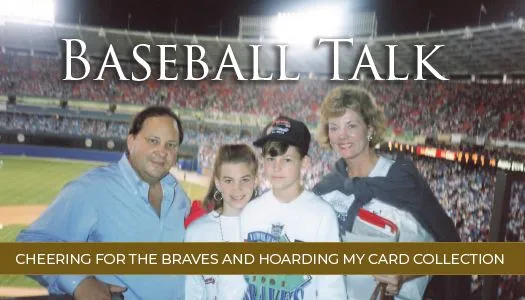 Family of four posing at a baseball stadium with "Baseball Talk" and subtitle text.