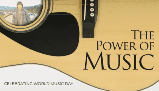 Close-up of an acoustic guitar with text "The Power of Music" and "Celebrating World Music Day.