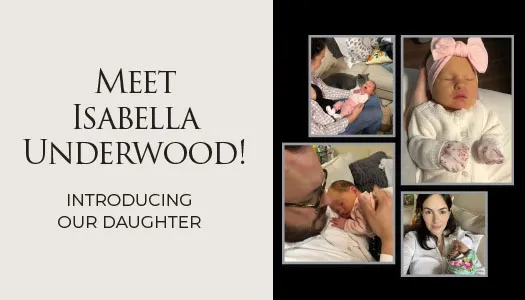 Announcement card with text introducing Isabella Underwood, featuring four photos of a newborn baby girl with family.