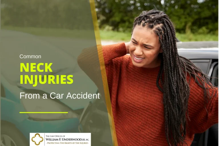 Woman in rust-colored sweater holding neck in pain beside damaged car after accident.