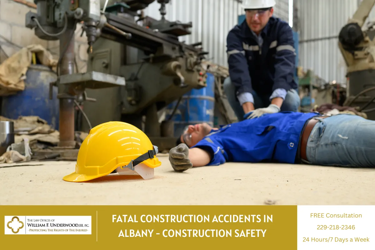 Yellow construction helmet on floor with injured worker receiving CPR in industrial setting.