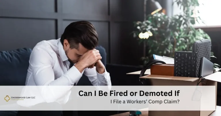 Man in white shirt sitting with head in hands next to packed box of office items, text about workers' comp claims.