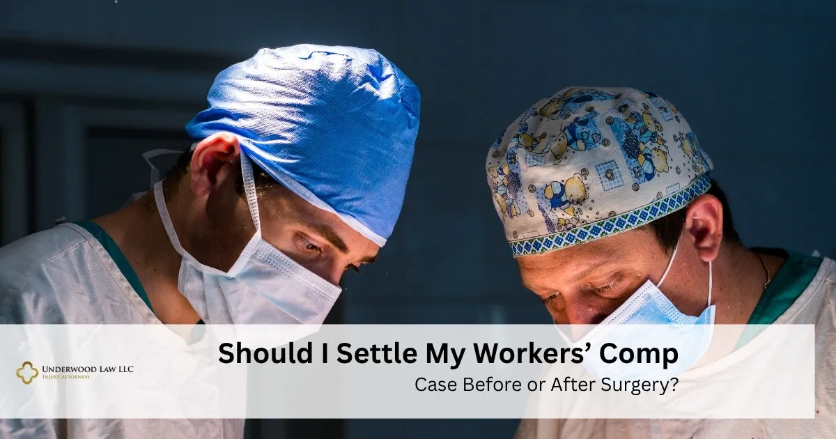 Two surgeons wearing masks and surgical caps focused on an operation, with text overlay about settling workers' compensation cases.