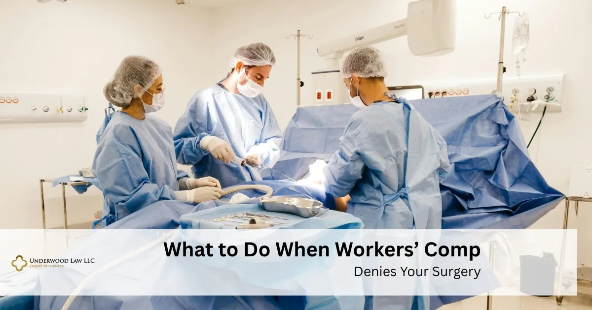Medical team performing surgery in operating room, with text overlay about workers’ compensation denial.