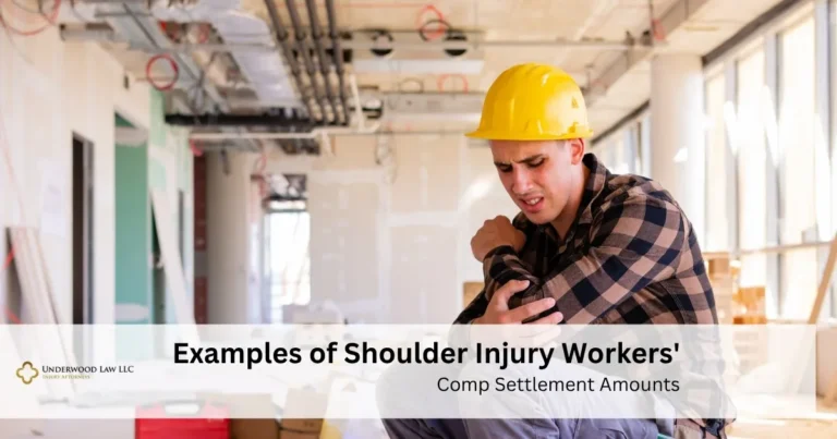 Construction worker in yellow hard hat clutching shoulder in pain inside unfinished building.