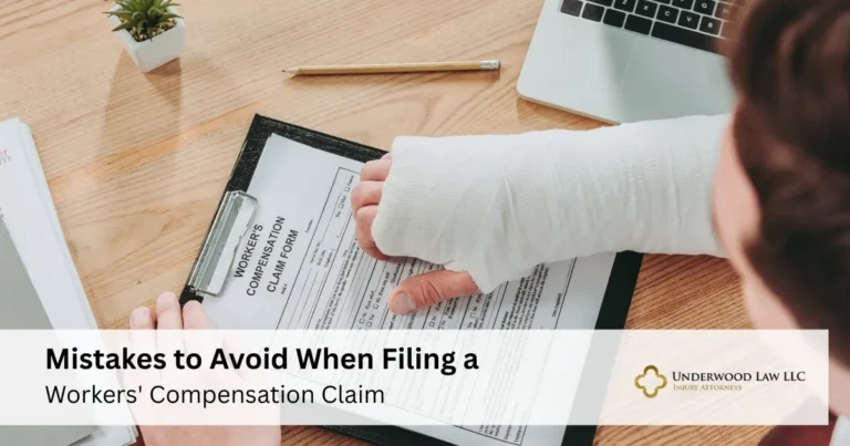 Person with a cast on arm filling out a workers' compensation claim form on clipboard.