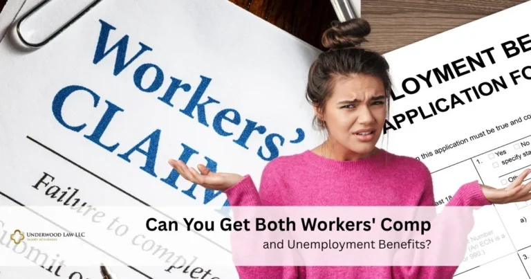 Confused woman in pink sweater with Workers' Compensation and Unemployment Benefits forms background.