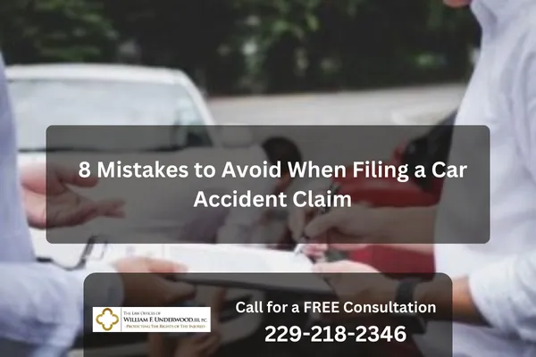 Two individuals exchanging documents near vehicles, overlaid text about car accident claim mistakes and consultation contact.