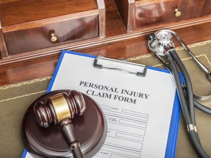 Clipboard with "Personal Injury Claim Form," wooden gavel, and stethoscope on desk.