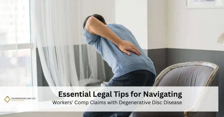 Man in blue sweater holding lower back in pain, text about legal tips for workers' comp claims.
