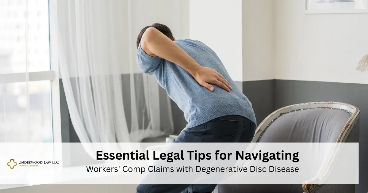 Man in blue sweater holding lower back in pain, text about legal tips for workers' comp claims.