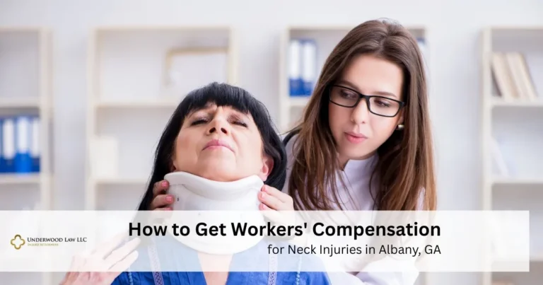 Two women in a medical office, one wearing a neck brace, with text about workers' compensation.