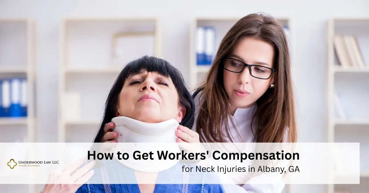 Two women in a medical office, one wearing a neck brace, with text about workers' compensation.