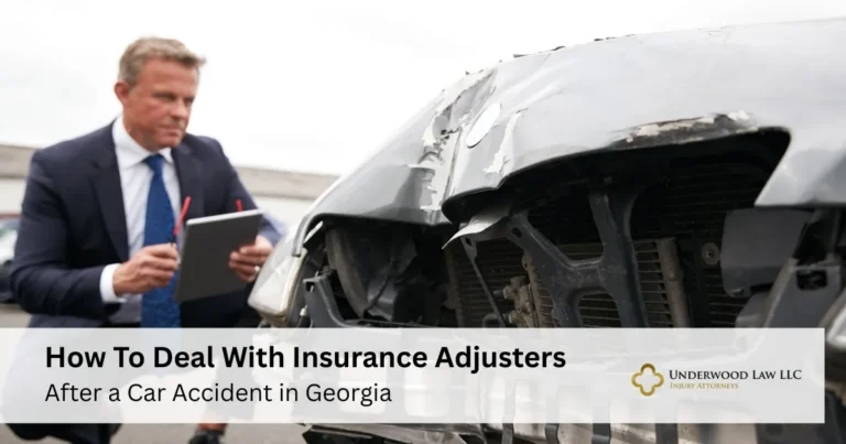 A man in a suit inspecting a damaged silver car front with text about dealing with insurance adjusters.