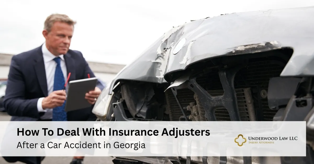 A man in a suit inspecting a damaged silver car front with text about dealing with insurance adjusters.