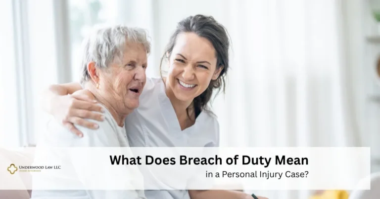 Smiling caregiver embracing elderly woman with text about breach of duty in personal injury cases.