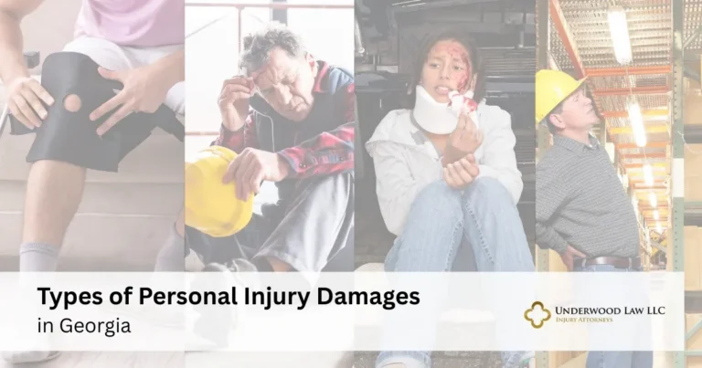 Four images depicting different personal injuries: a person with a knee brace, a man holding his head and hard hat, a woman with a neck brace and facial injury, and a man wearing a yellow hard hat inspecting a ceiling.