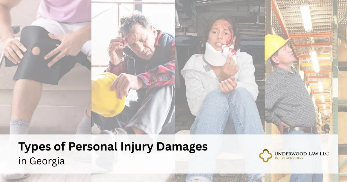 Four images depicting different personal injuries: a person with a knee brace, a man holding his head and hard hat, a woman with a neck brace and facial injury, and a man wearing a yellow hard hat inspecting a ceiling.