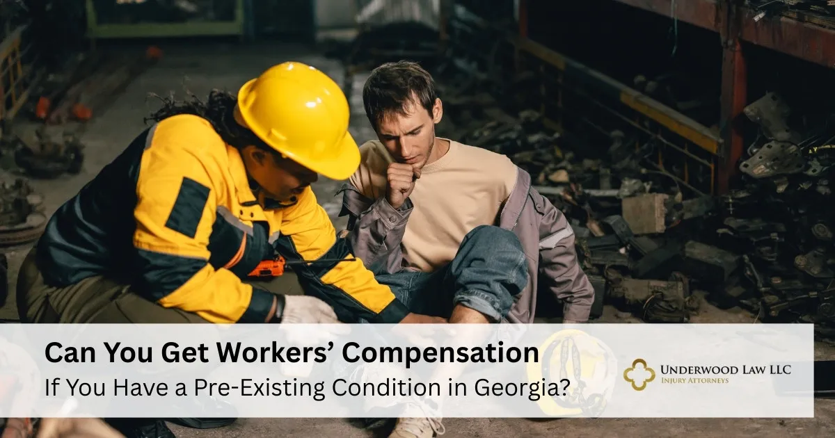 Two men in a workshop, one wearing a yellow safety helmet assisting the other, with text about workers' compensation and Underwood Law LLC logo.