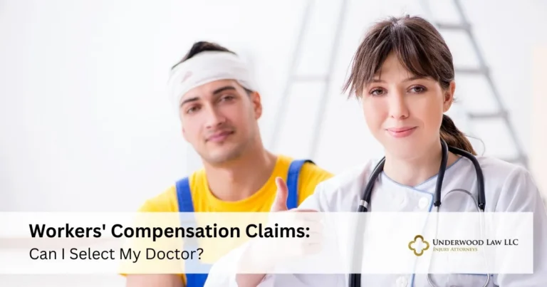 Injured male worker with bandaged head and female doctor with stethoscope, text about workers' compensation claims.