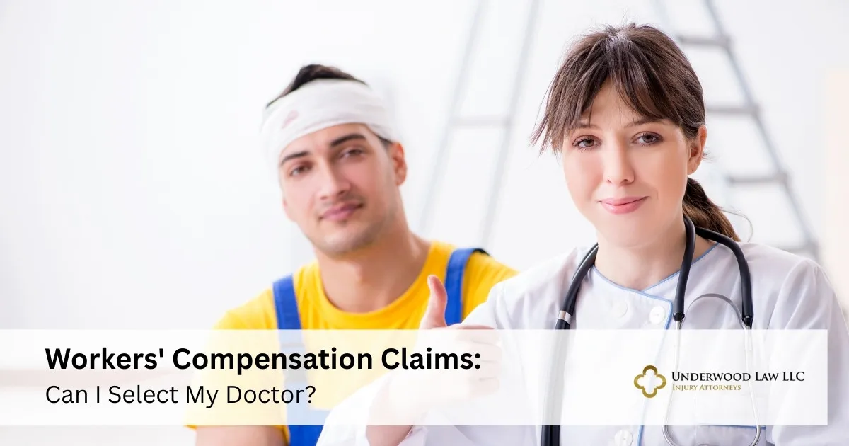 Injured male worker with bandaged head and female doctor with stethoscope, text about workers' compensation claims.