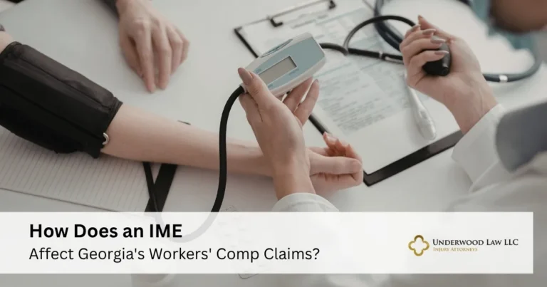Medical professional measuring patient's blood pressure with text about IME and workers' compensation claims.