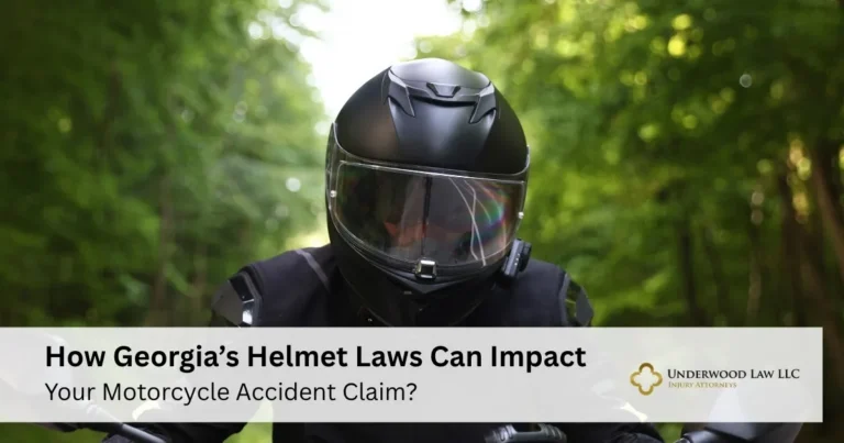 Motorcyclist wearing a black helmet on a forest road with legal text overlay.