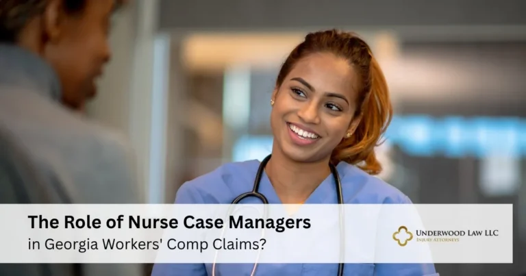 Smiling nurse in blue scrubs with stethoscope talking to a person, text about nurse case managers.