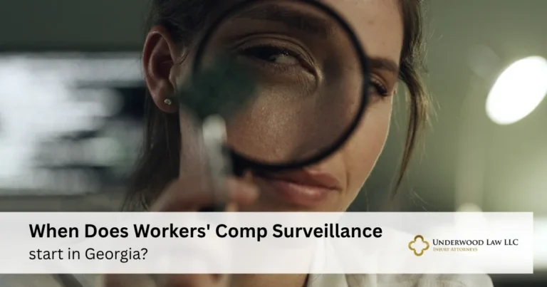 Close-up of a woman examining through a magnifying glass, with text about workers' comp surveillance in Georgia.