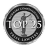 Silver and black circular emblem reading "Top 25 Legacy Companies Trial Lawyers.