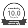 Circular badge with "Average Rating 10.0 Superb" and "Top Attorney Personal Injury" text.