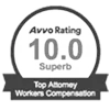 Badge graphic displaying "Avvo Rating 10.0 Superb" and "Top Attorney Workers Compensation" in grayscale.