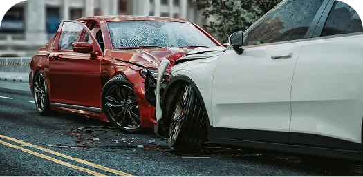 Two cars, one red and one white, involved in a front-end collision on a city street.