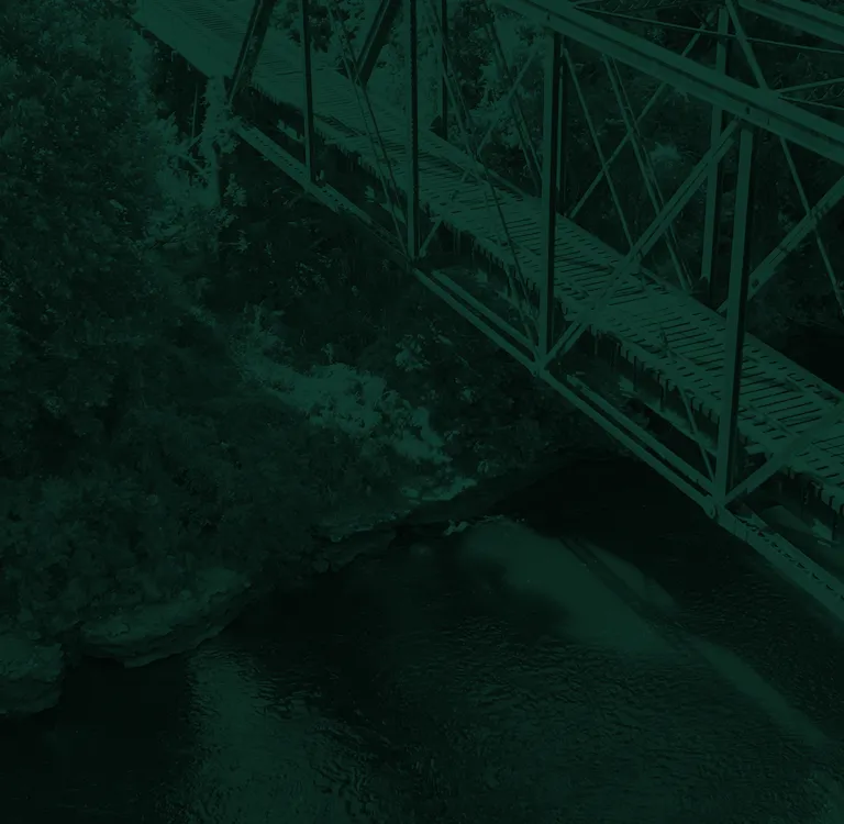 Steel pedestrian bridge with a grated walkway over a river surrounded by dense green foliage.