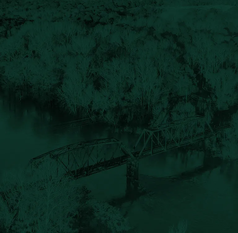 Aerial view of a metal truss bridge spanning a river surrounded by dense trees.