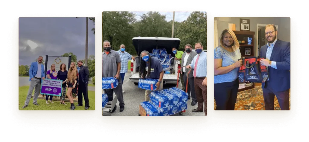 Three images showing diverse groups participating in community support and charity activities.