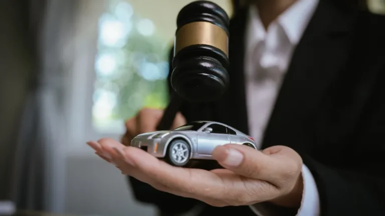 Person in formal attire holding a silver toy car and a judge's gavel above it.