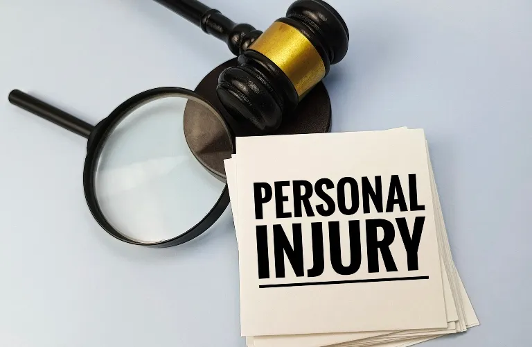 Magnifying glass and judge's gavel next to stack of papers labeled "Personal Injury
