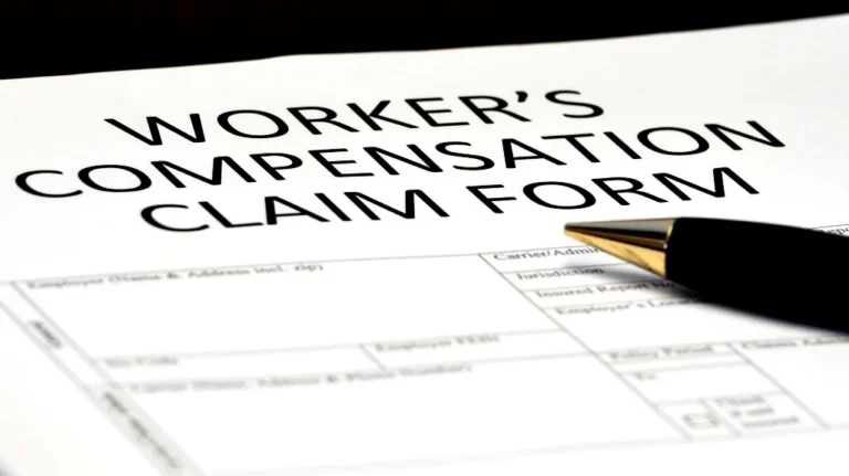 Close-up of a worker's compensation claim form with a black and gold pen resting on it.