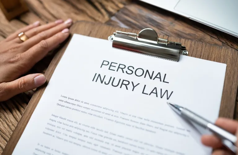 Clipboard with "Personal Injury Law" document, hands and pen on wooden desk.