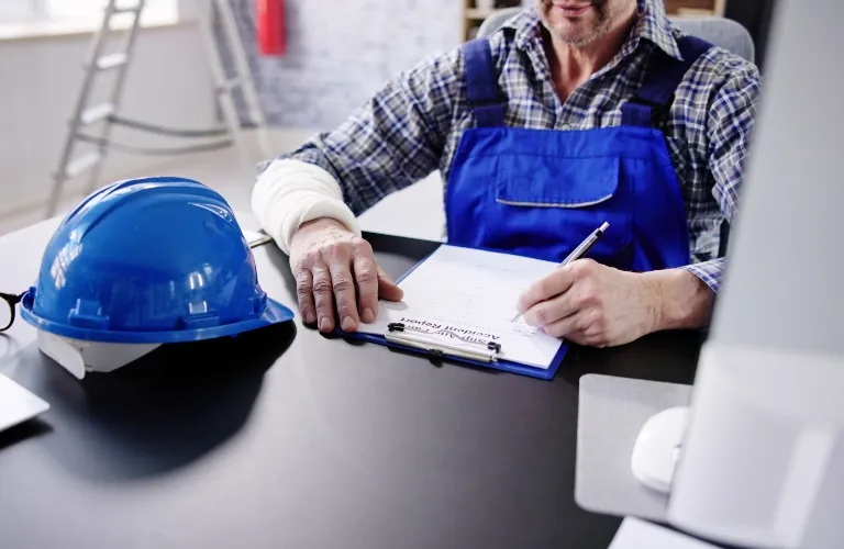 Man in blue overalls writing on a clipboard at a desk with a blue safety helmet nearby.